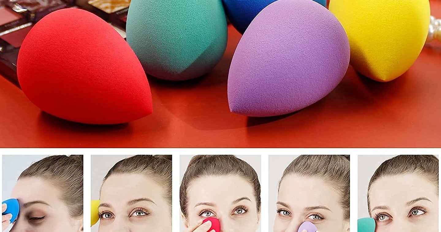 The five beauty blenders on a table with an eyeshadow palette and a string of pearls