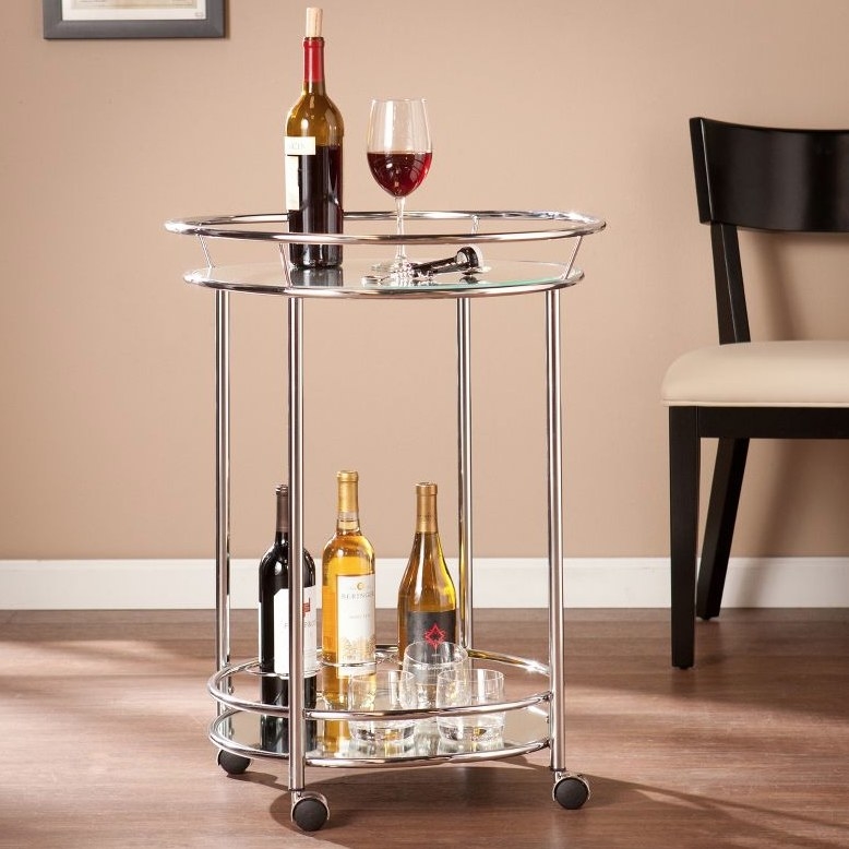A chrome and mirrored 2-tier bar cart on wheels