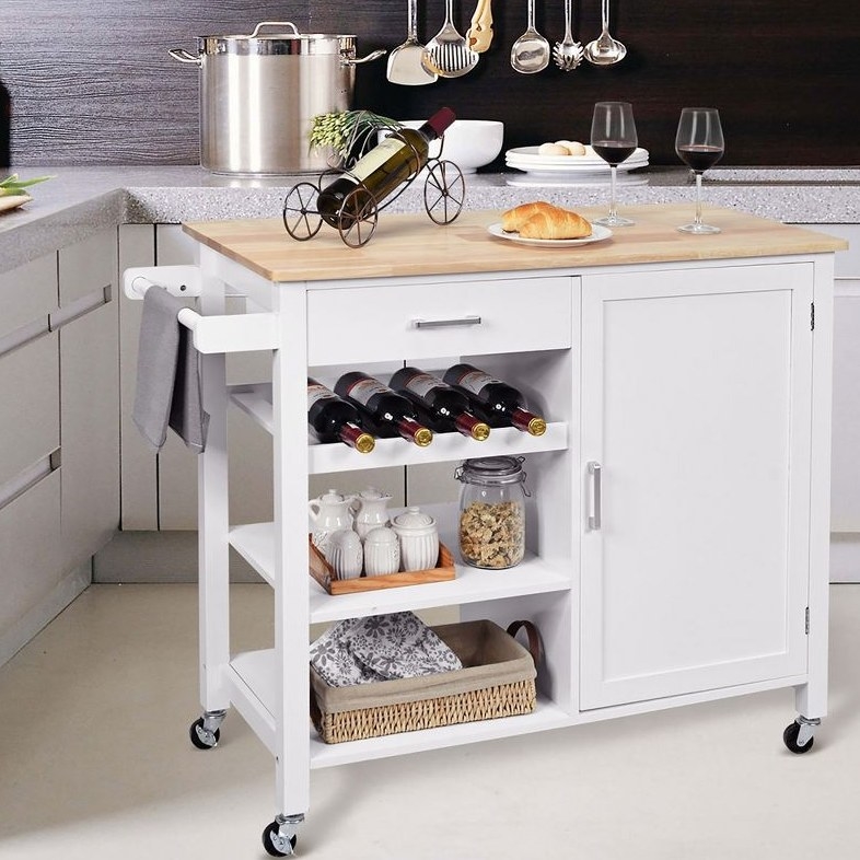 A white kitchen island with a cutting board top on wheels with 1 cabinet, 1 drawer, and 3 shelves