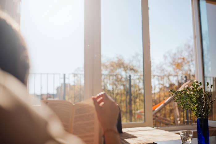 Someone reading by a sunlit window.