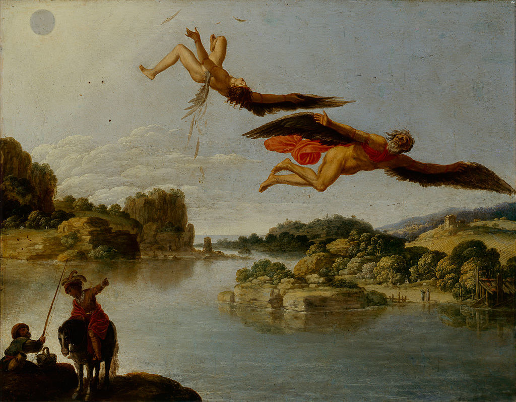 Landscape with Fall of Icarus by Carlo Saraceni; Icarus is falling as his wings lose their feathers, Daedalus is looking back at him, in the bottom left a fisherman and a knight observe the scene; in the upper left corner the sun is shining