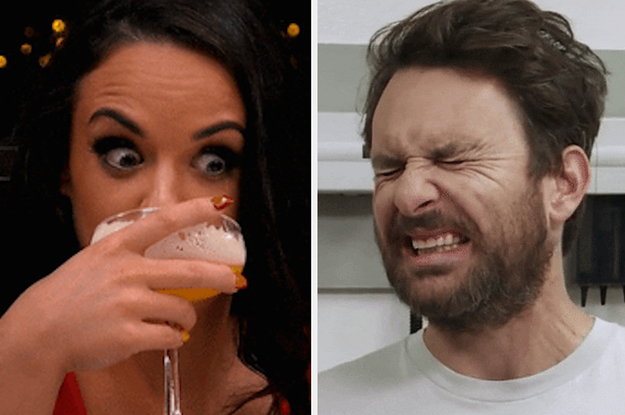 stressed woman sipping alcohol next to cringing charlie day