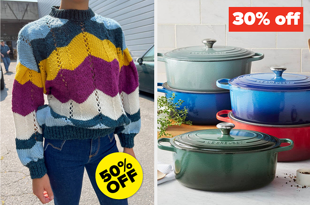model wearing a multicolored sweater with tag: 50% off / assorted dutch ovens with text: 30% off