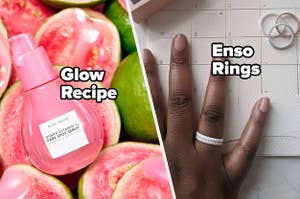 A bottle of serum in a pile of cut guava, A person wearing two silicone rings on their finger