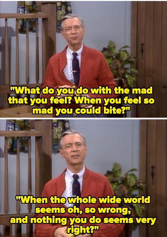 Fred Rogers sings the song &quot;What do you do with the Mad that you Feel&quot; in &quot;Mr. Roger&#x27;s Neighborhood&quot;
