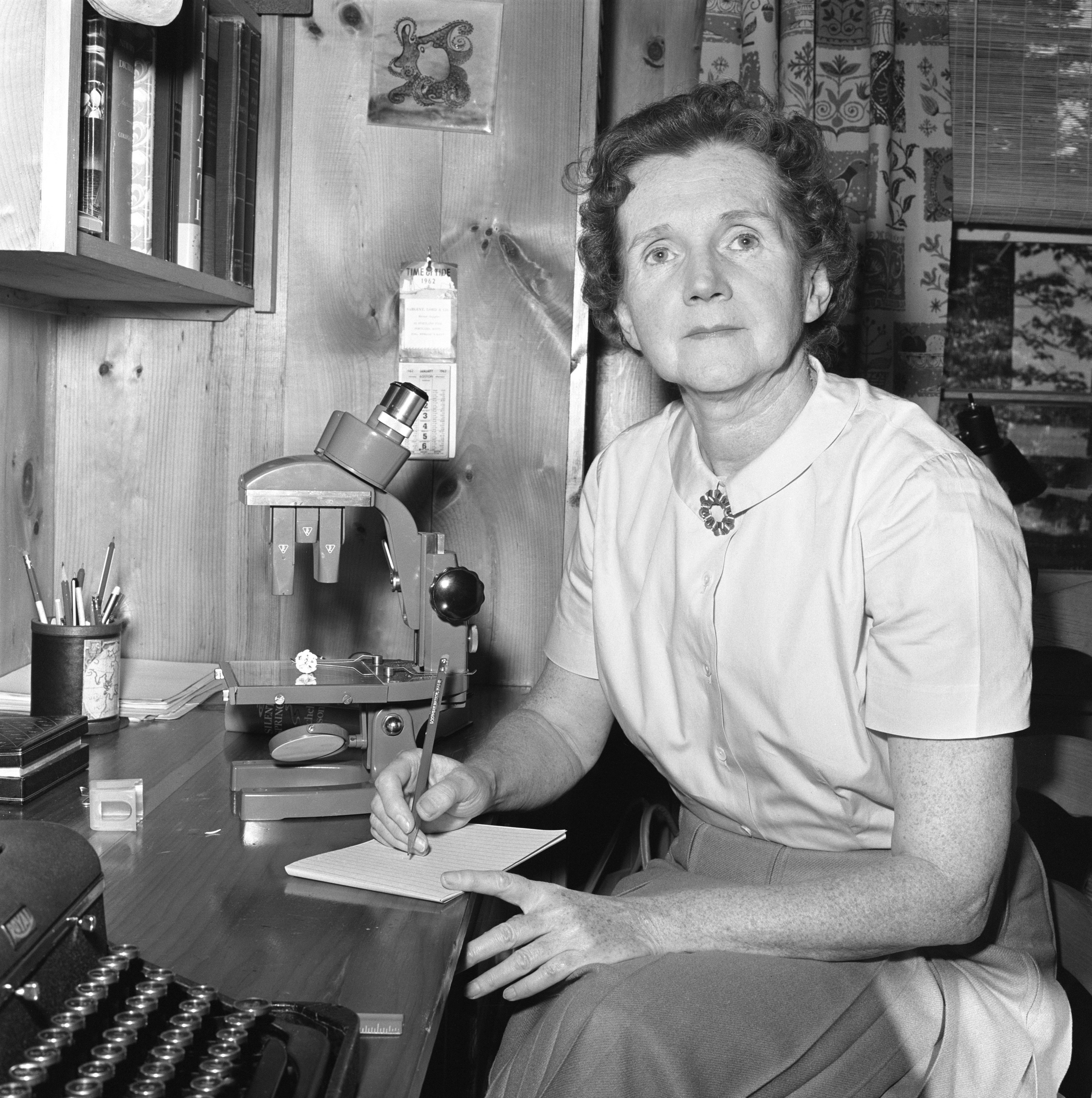 Rachel Carson at her summer home, writing on a piece of paper with a microscope and typewriter near her