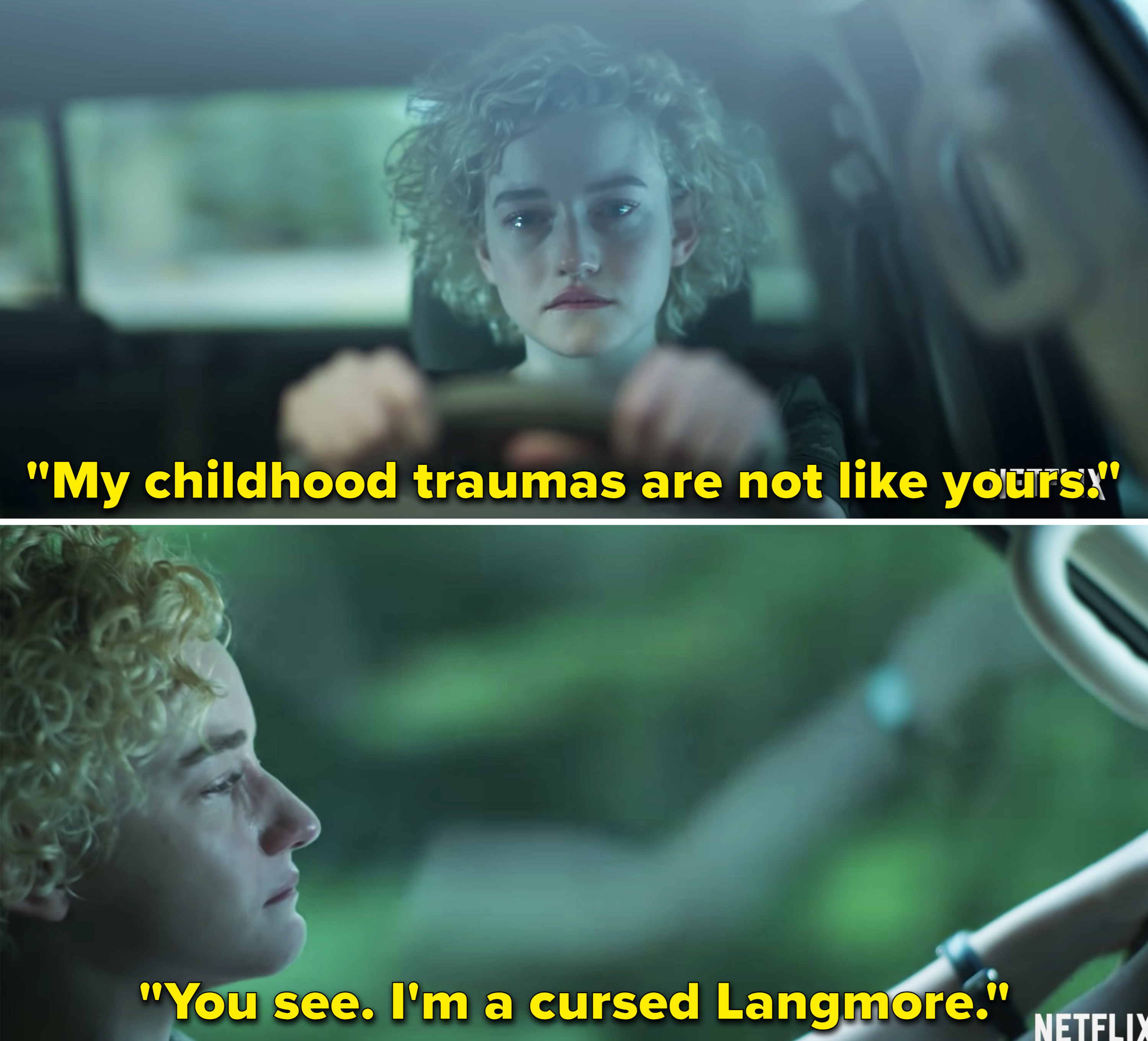 Ruth driving in a car and crying, and saying, &quot;My childhood traumas are not like yours. You see. I&#x27;m a cursed Langmore&quot;