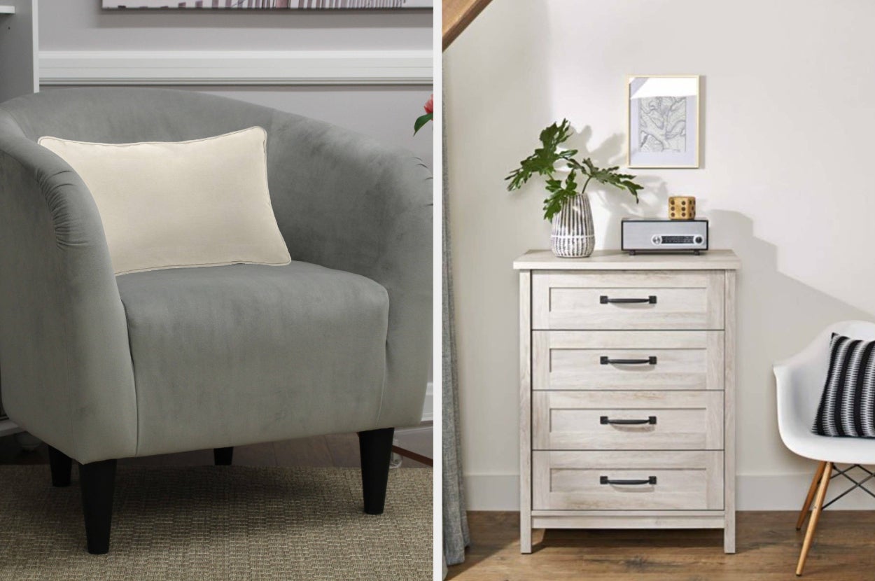 A grey chair with a white pillow and a white drawer