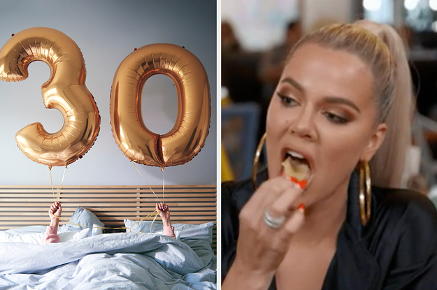 On the left, someone holding up a 3 and a 0 balloon while lying in bed, and on the right, Khloe Kardashian eating some chips