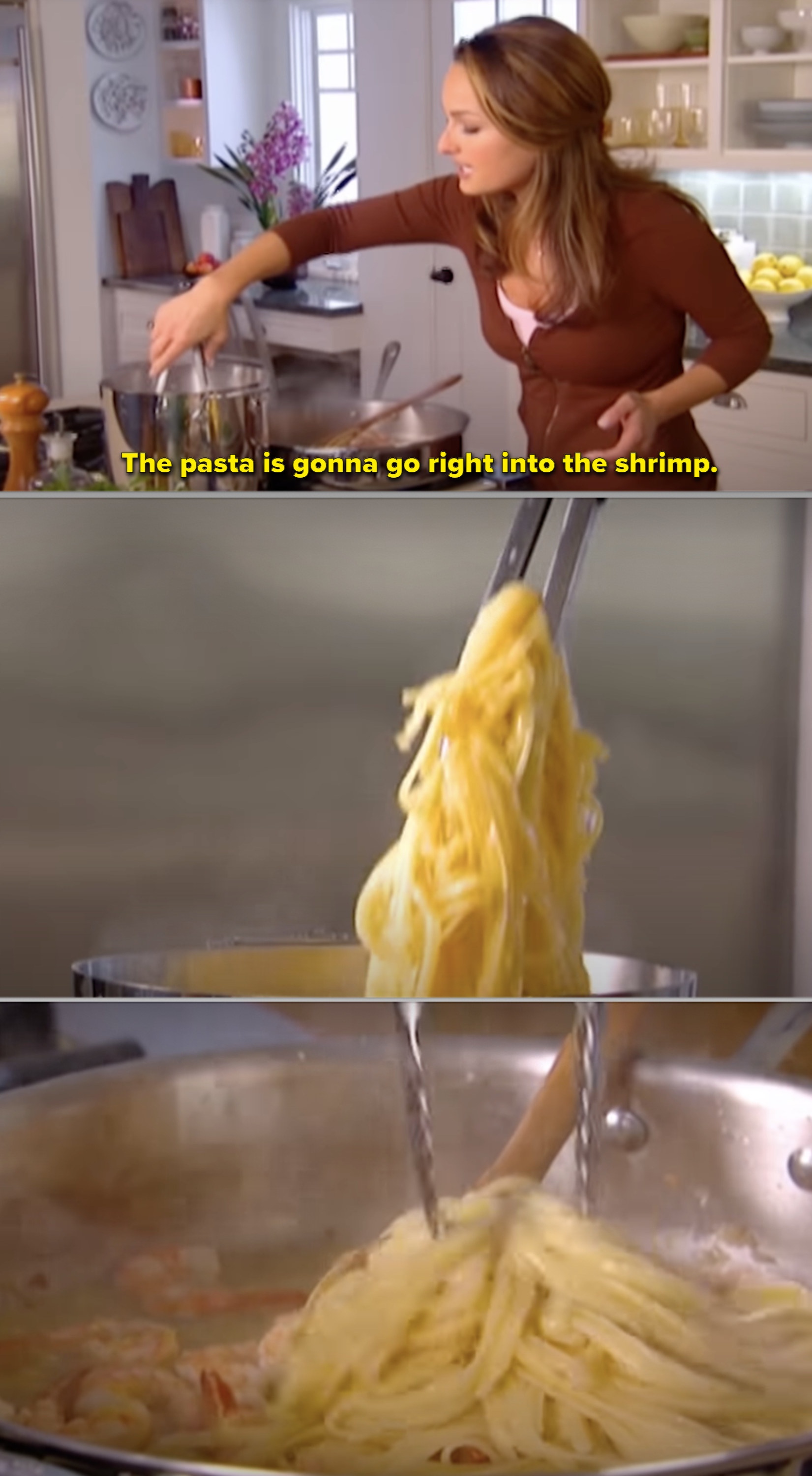 Giada De Laurentiis cooking pasta and saying the pasta is going right into the shrimp