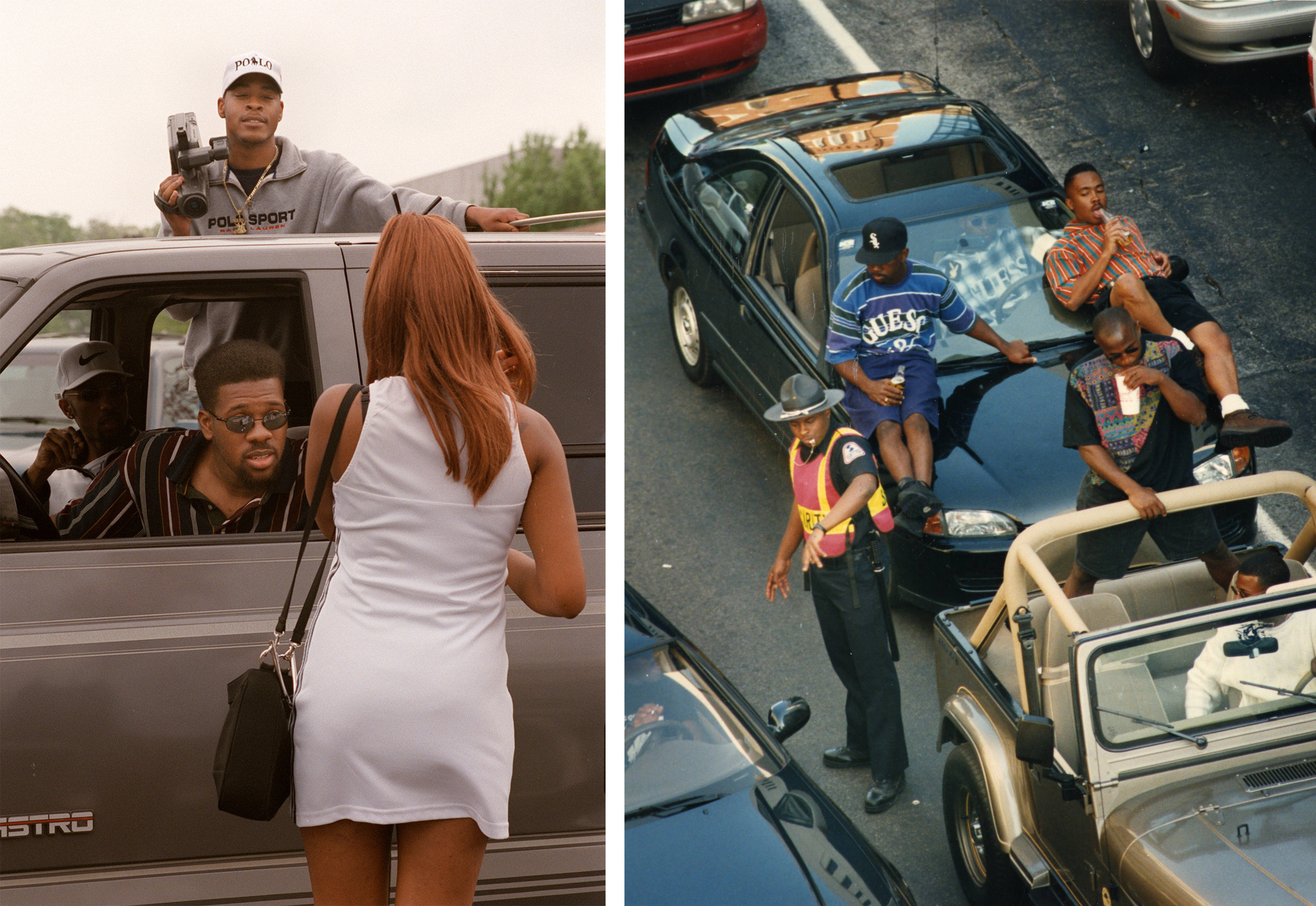 Left a man in a car talking to a woman in a white dress outside his car window, right a policeman directing traffic as two people sit on the hood of their car in Atlanta 