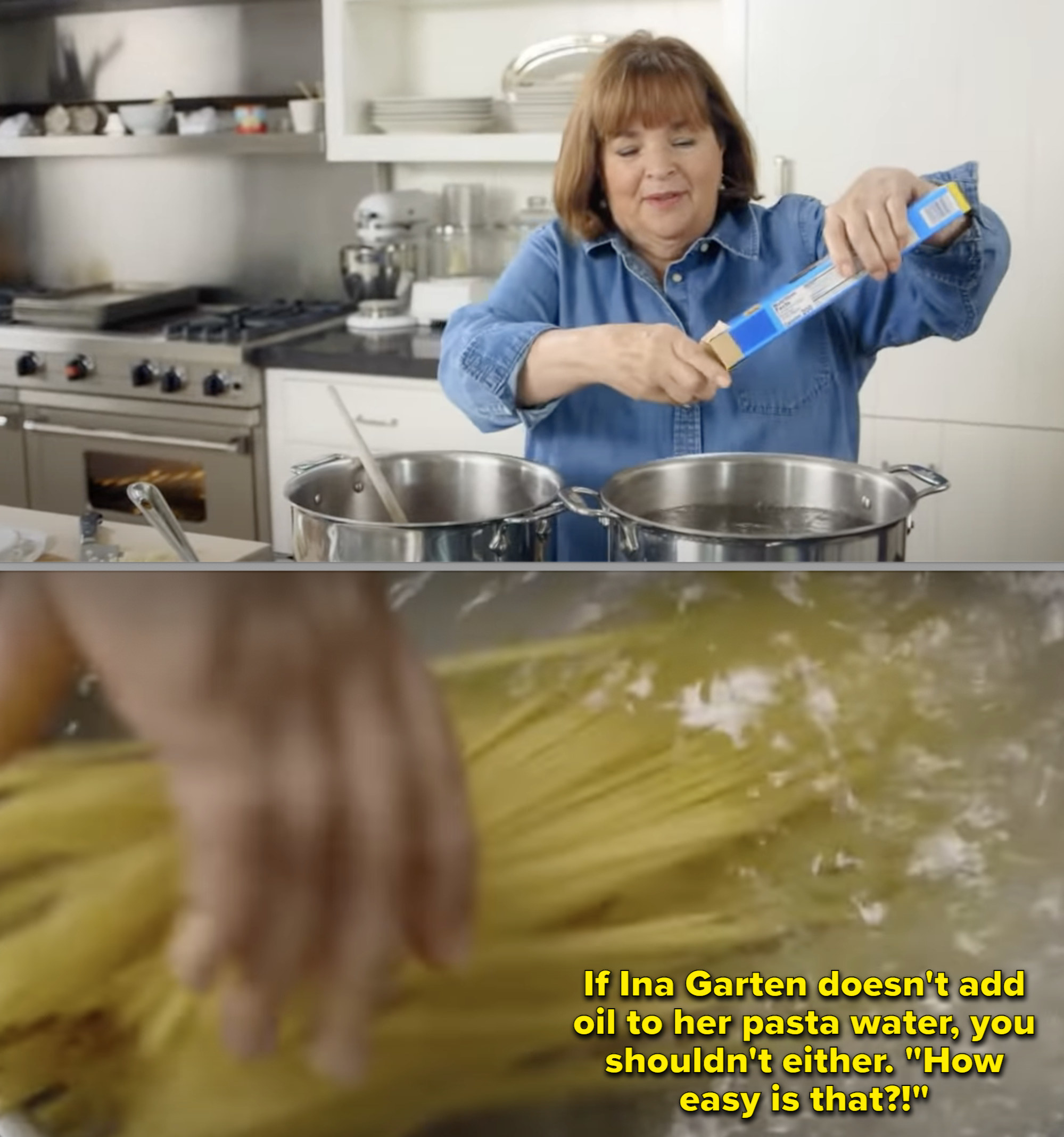 Ina Garten cooking pasta with caption saying that if Ina doesn&#x27;t add oil to her pasta water, you shouldn&#x27;t either
