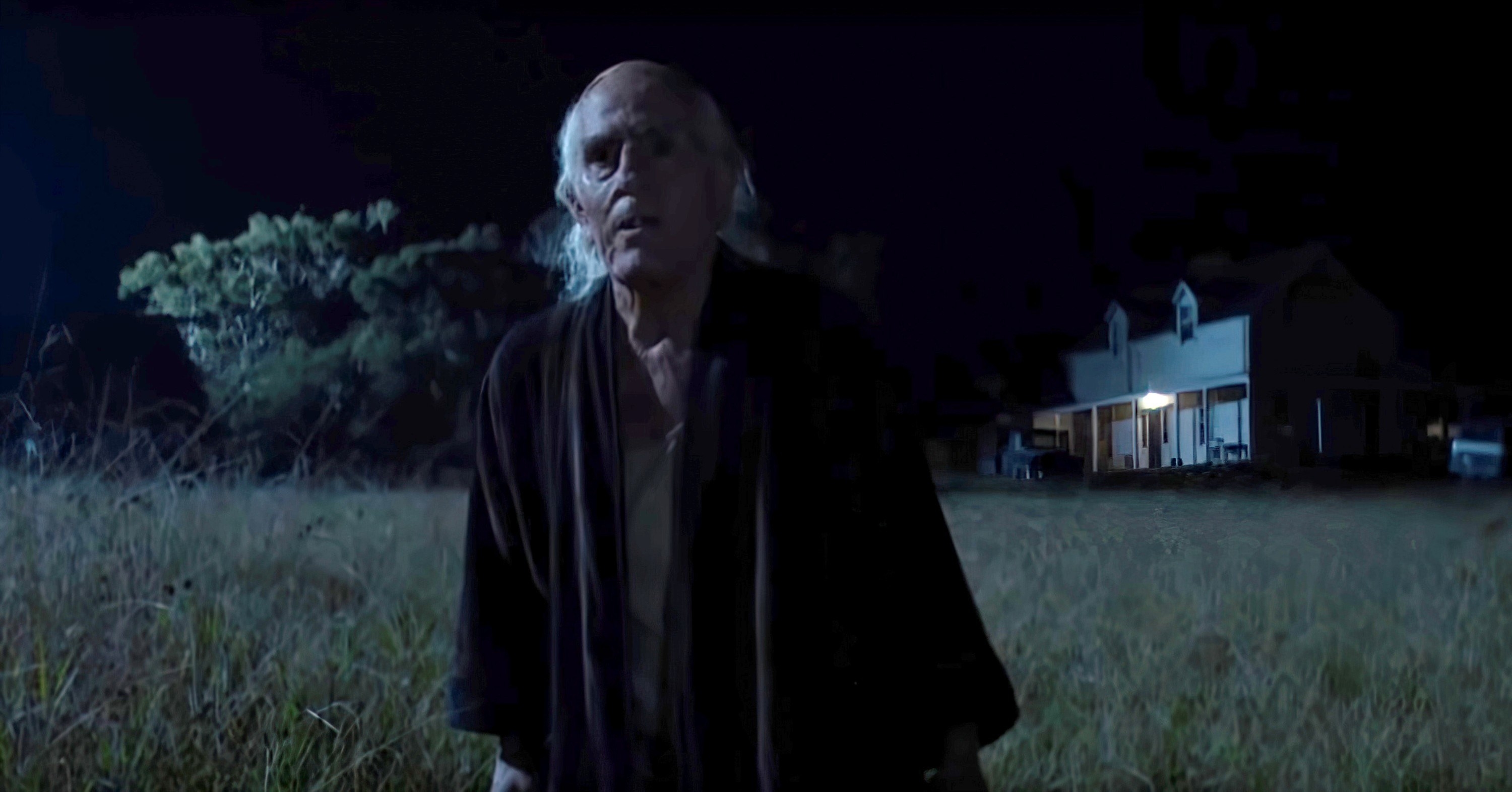 An old man in a robe standing in the field