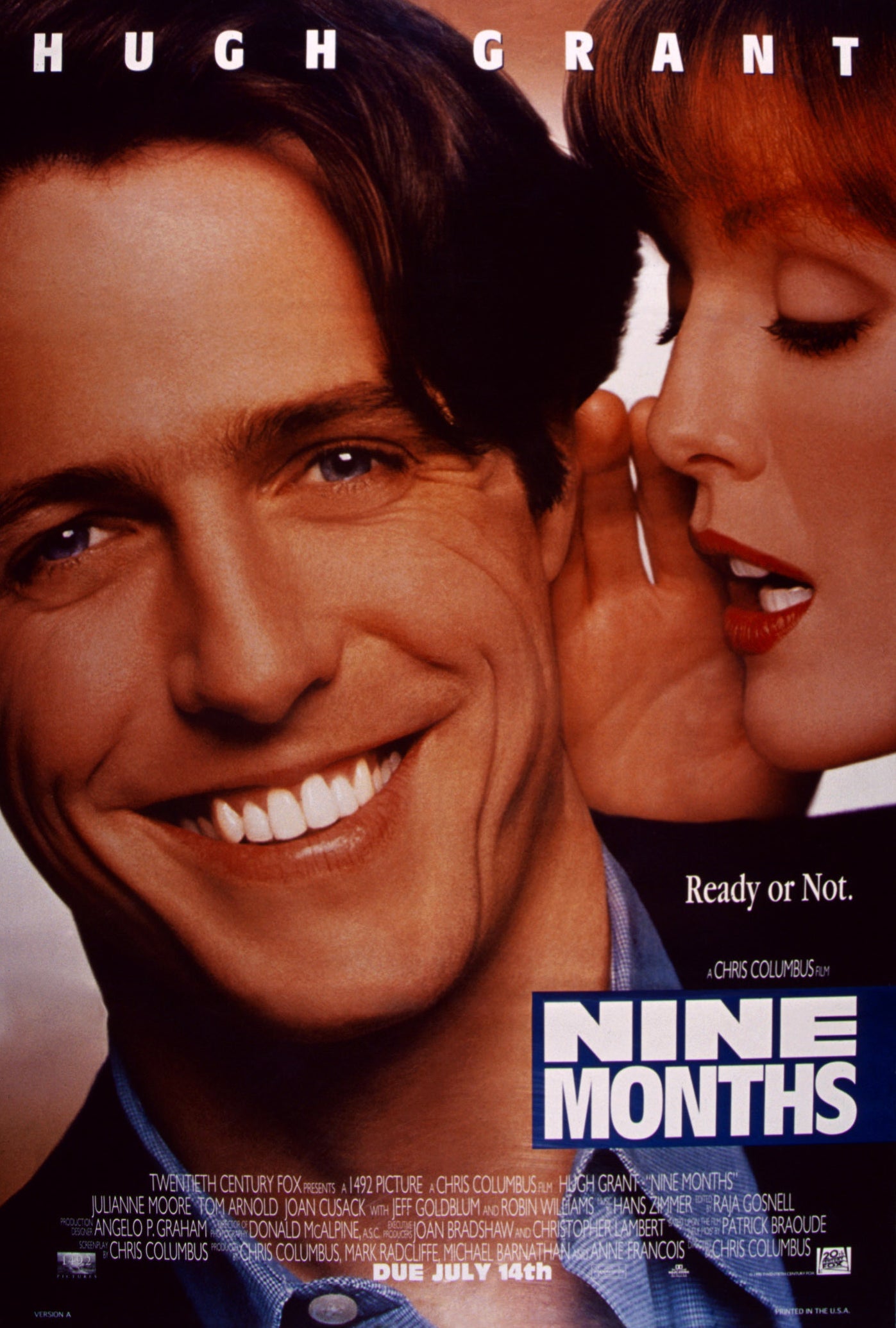 Hugh smiling in the movie poster for Nine Months, with his name at the top