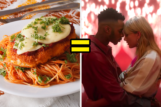 Chicken Parmesan, and = sign, and Taylor Swift and her partner hugging in the "Lover" music video