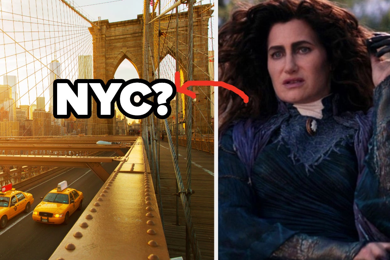 The Brooklyn Bridge in NYC and a close up of Agatha Harkness with a blackened hand