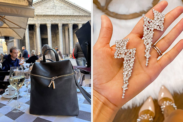 a black mini backpack with gold zipper on a restaurant table in rome / reviewer holding a pair of sparkly lightning bolt earrings