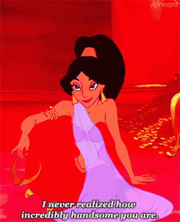 Jasmine standing up and saying, &quot;I never realized how incredibly handsome you are&quot; to Jafar