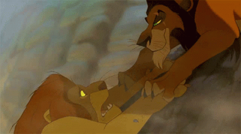 Scar saying, "Long live the king" to Mufasa before throwing him into the ravine