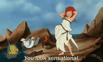 Scuttle telling Ariel she looks sensational as she&#x27;s wearing the scrap of sail as a dress