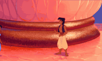 Princess Jasmine running into Aladdin&#x27;s arms and him twirling her around