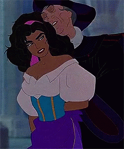 Frollo holding Esmeralda&#x27;s arm behind her back and caressing her throat