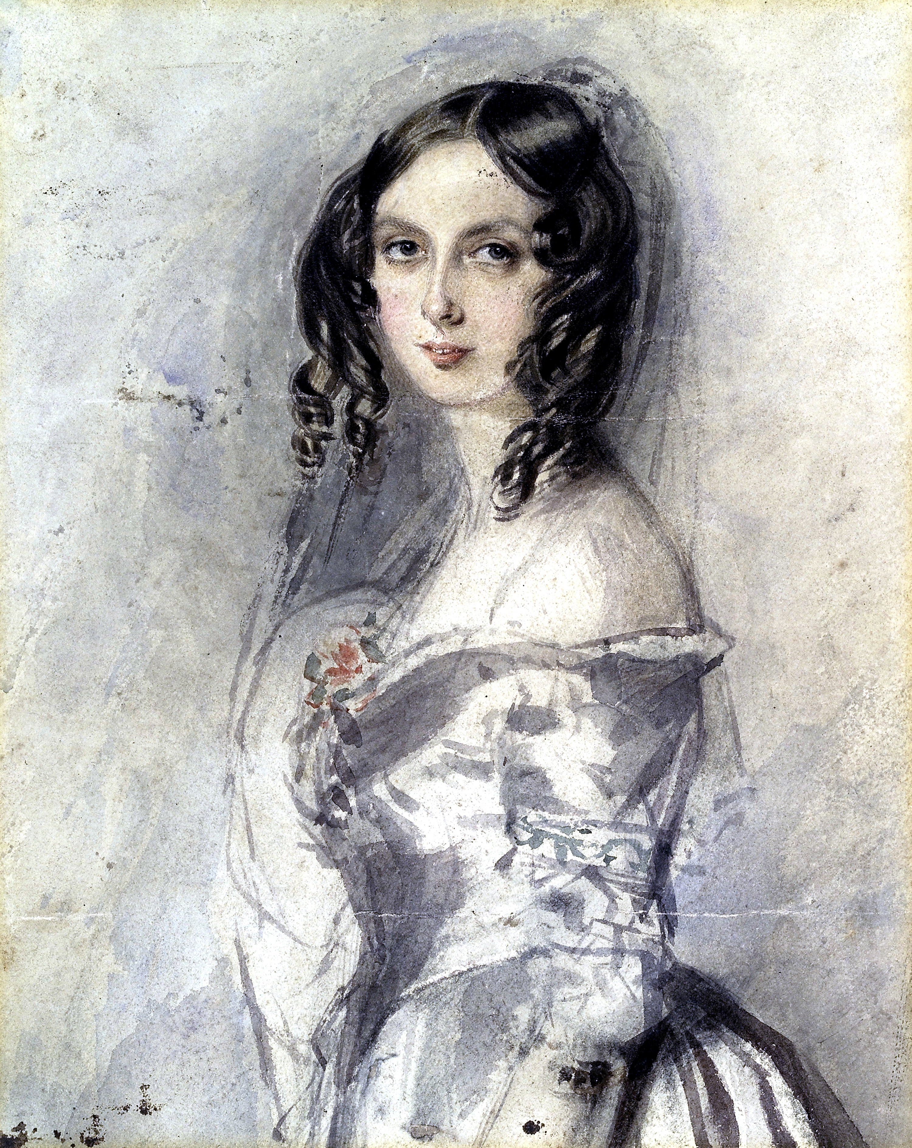 Painted portrait of Ada Lovelace, with curled hair and wearing an off the shoulder dress. Painting from circa 1835
