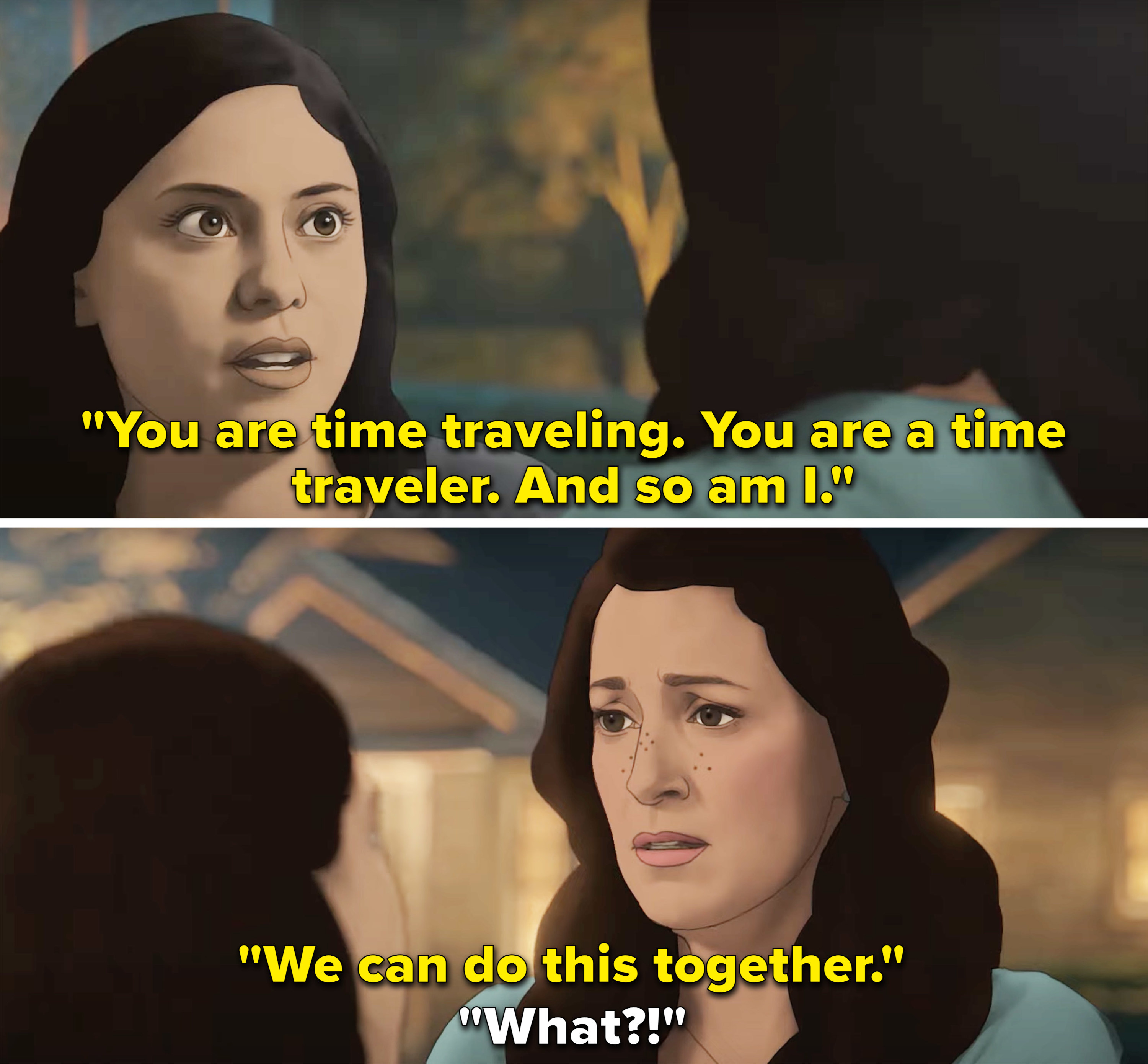 Alma explaining to Becca that they are both time travelers