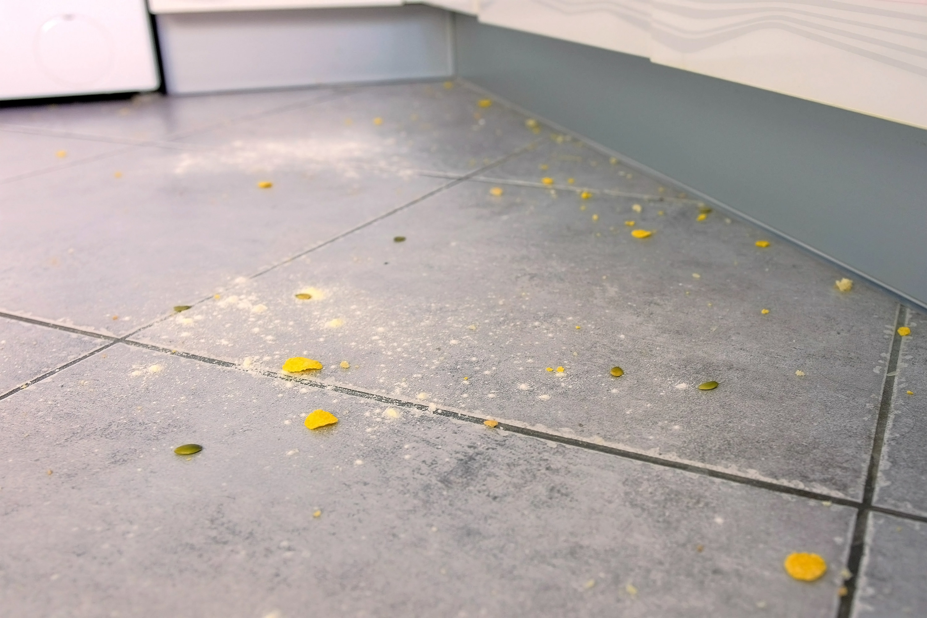 various crumbs on a tile floor