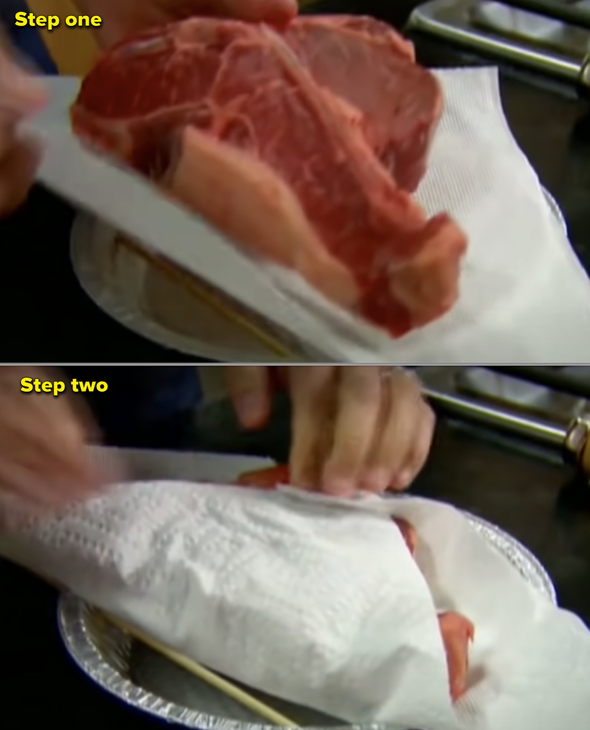 Alton Brown wrapping steak in a paper towel