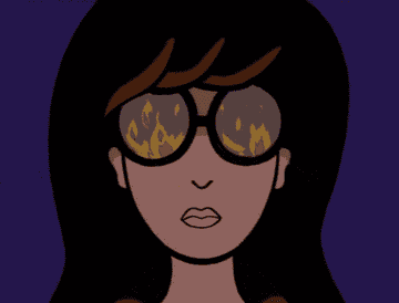 Daria with flames reflecting in her glasses