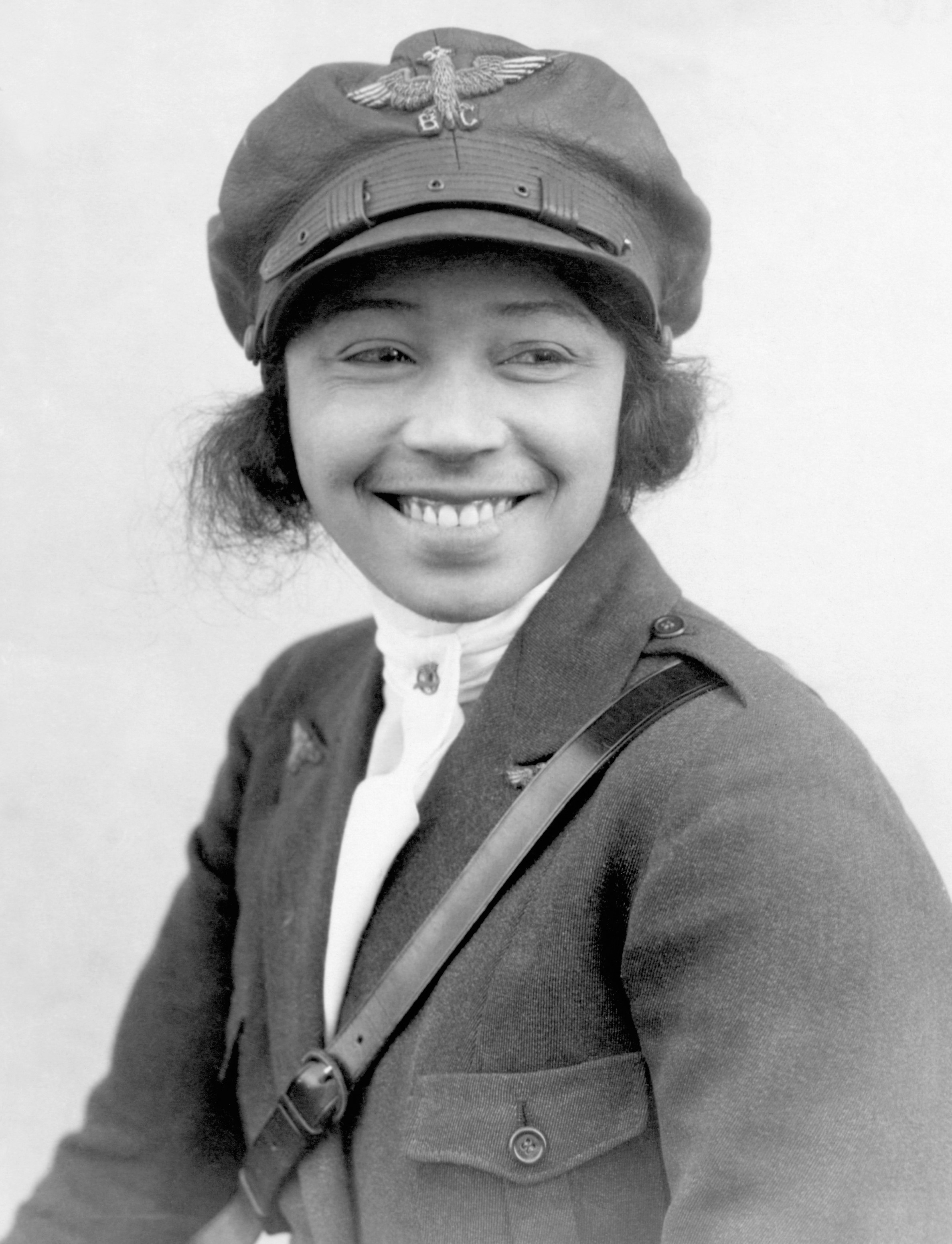Photographic portrait of Bessie Coleman in pilot&#x27;s uniform