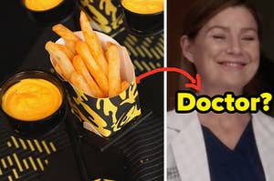 Taco Bell fries sits next to a cup of nacho cheese and a close up of Meredith Grey as she smiles