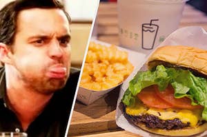 A close up of Nick Miller with her tongue out and a burger and fries from Shake Shack