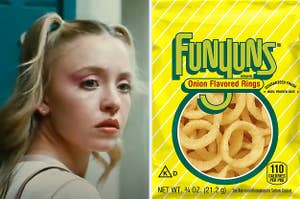Cassie is looking worried on the left with a bag of Funyuns on the right