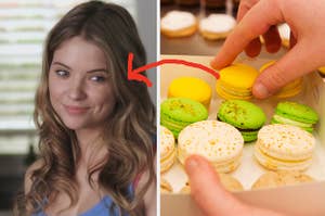 A close up of Hanna Marin as she smiles and a box of brightly colored macarons