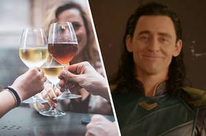 Three wine glasses cheers together and a close up of Loki as he smiles