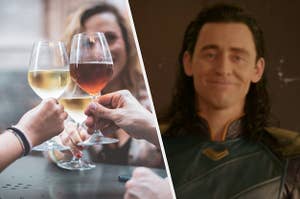 Three wine glasses cheers together and a close up of Loki as he smiles
