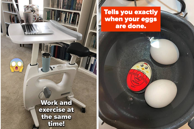 (left) elliptical desk bike (right) hard boiled egg timer