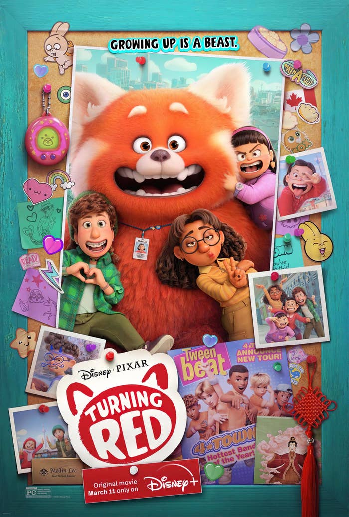 The movie poster which features a large photo of a giant red panda and three teenage girls