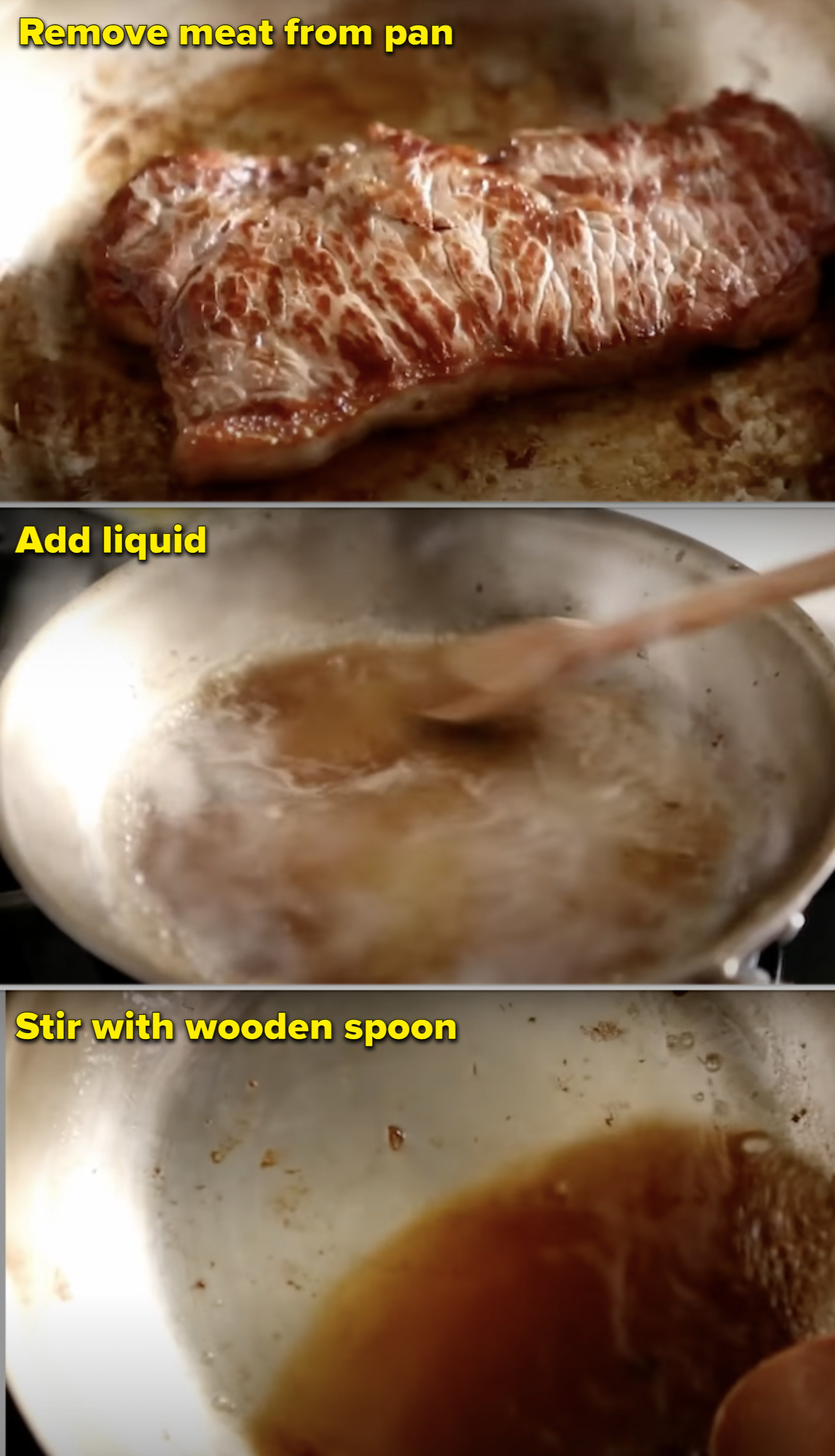 Deglazing a pan with instructions to remove the meat from pan, add liquid, and stir with a wooden spoon