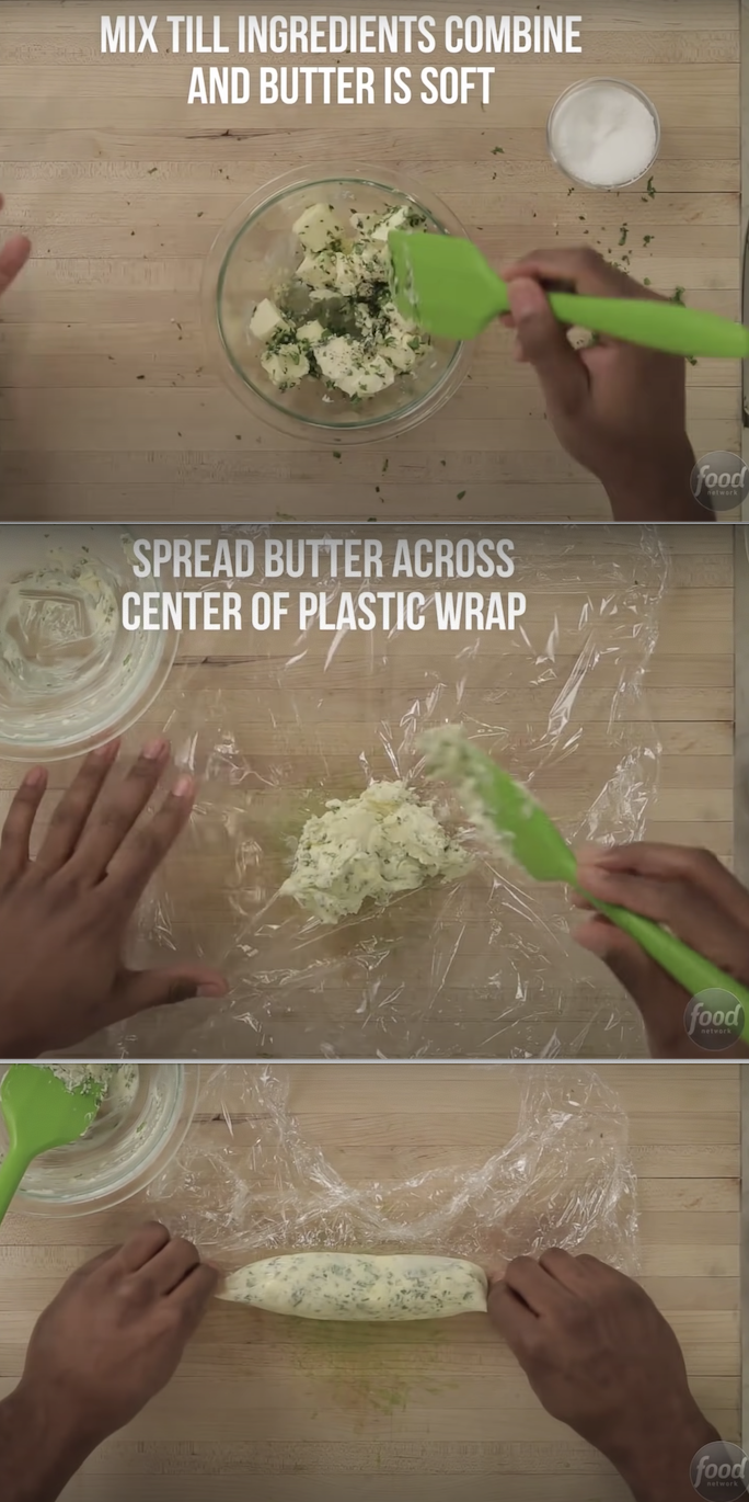 Someone mixing herbs and butter and putting in plastic wrap to make flavored butter