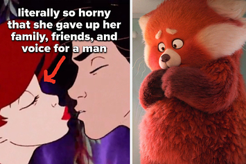 Ariel kissing Prince Eric with text saying she was so horny she gave up her family friends and voice for a man next to Mei from Turning Red as a panda looking shocked