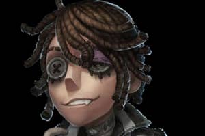 3d animated character with one button for one of his eyes, and his hair is made of rope. he has one sharp tooth poking out of his mouth