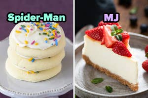On the left, some frosted sugar cookies topped with sprinkles labeled Spider-Man, and on the right, a slice of cheesecake topped with strawberries labeled MJ