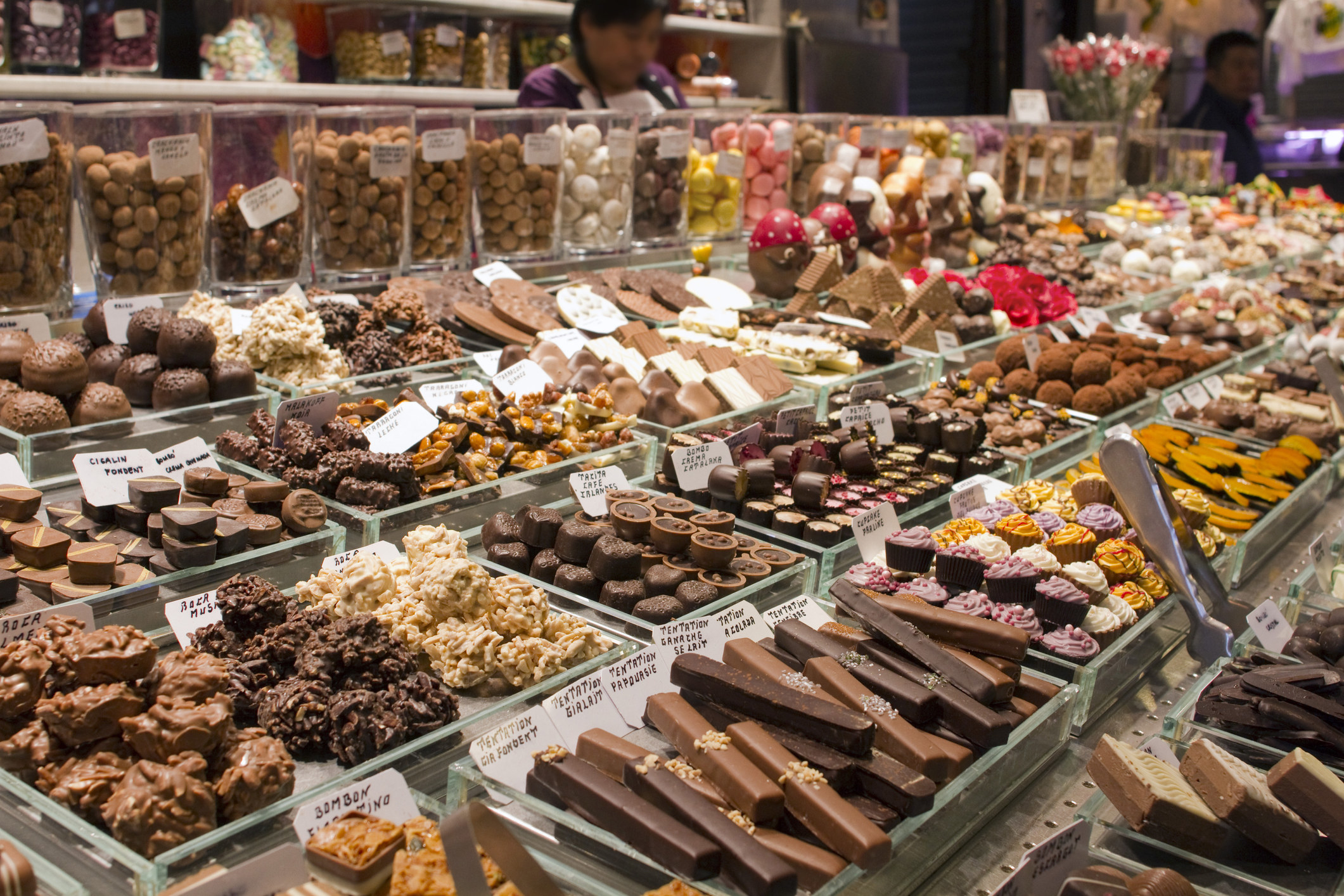 A huge display of chocolates at a candy store
