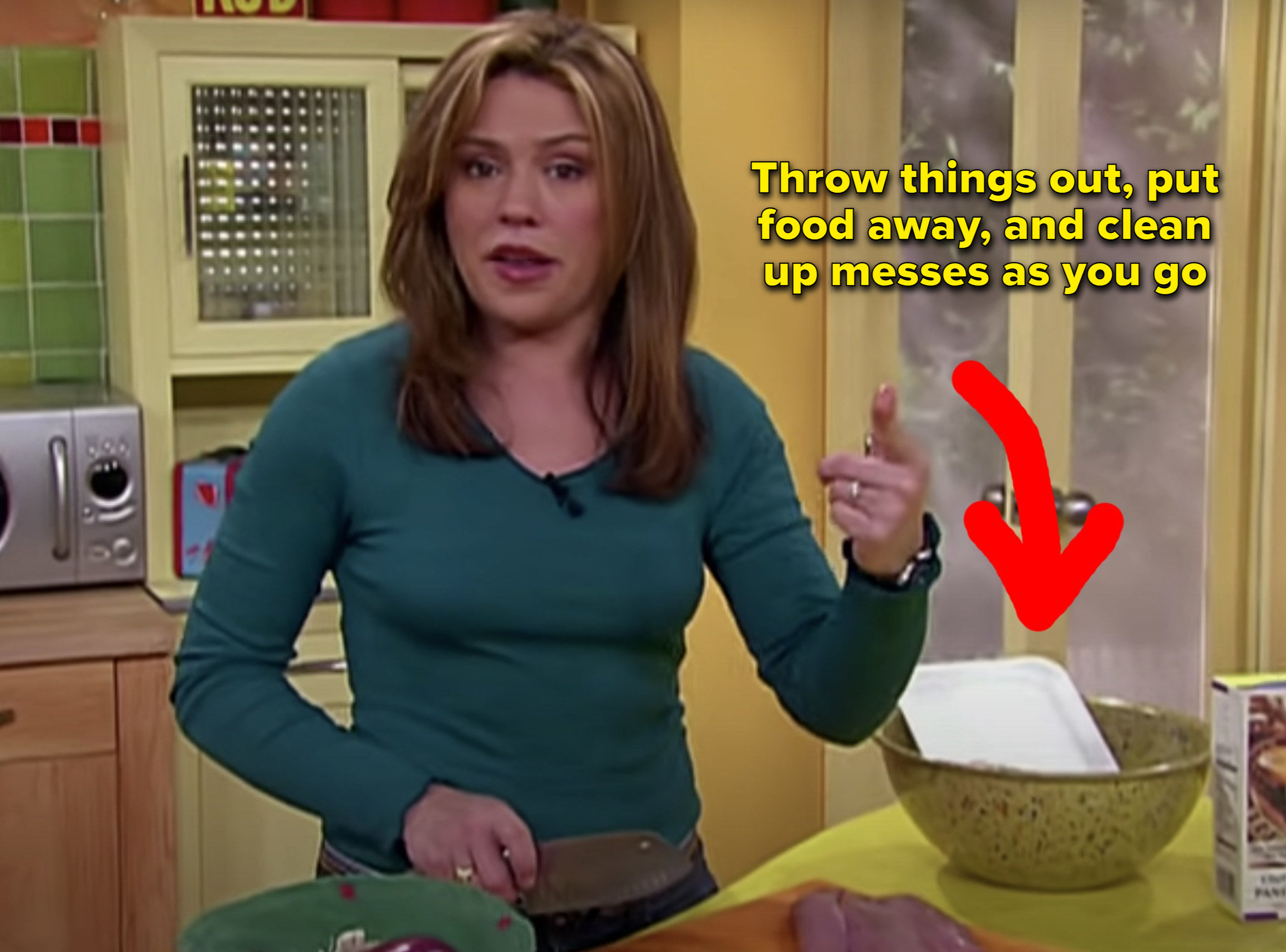 Rachel Ray cooking and saying to throw things out, put food away, and clean up as you cook
