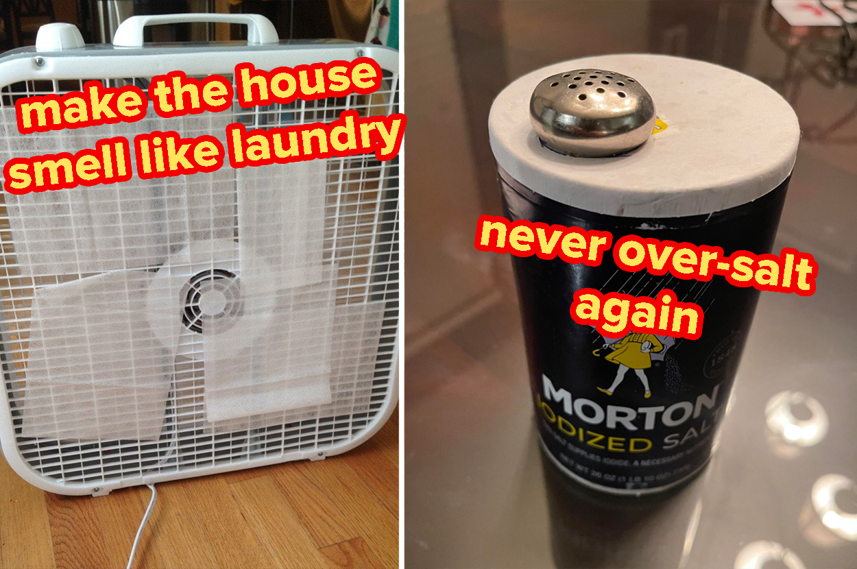Dryer sheets on a fan with the caption "make the house smell like laundry and a salt shaker lid on a big salt container with the caption "never over-salt again"