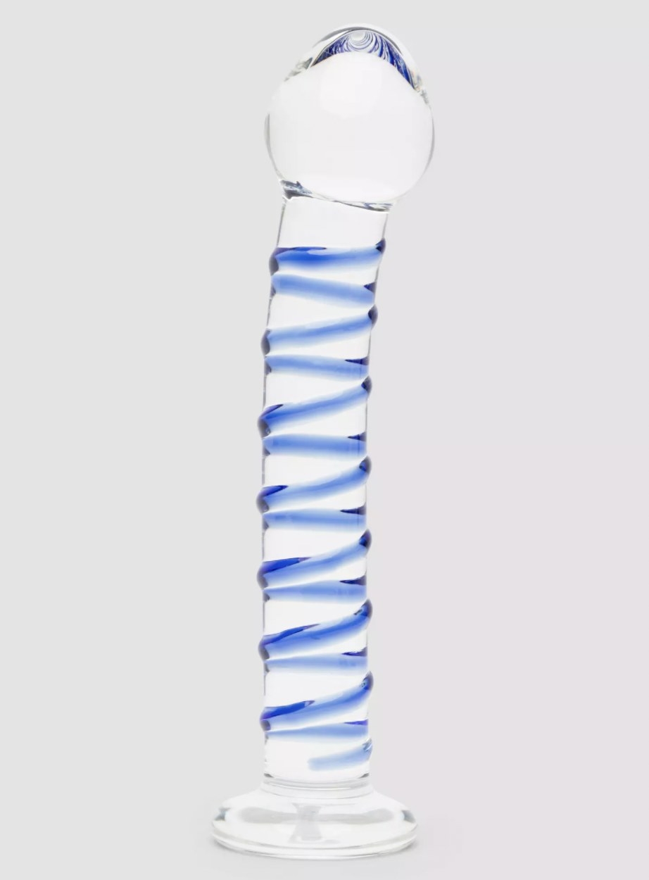 The glass dildo with blue swirls and bulbous head