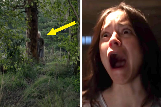 An old woman creeping in the woods and a young woman screaming
